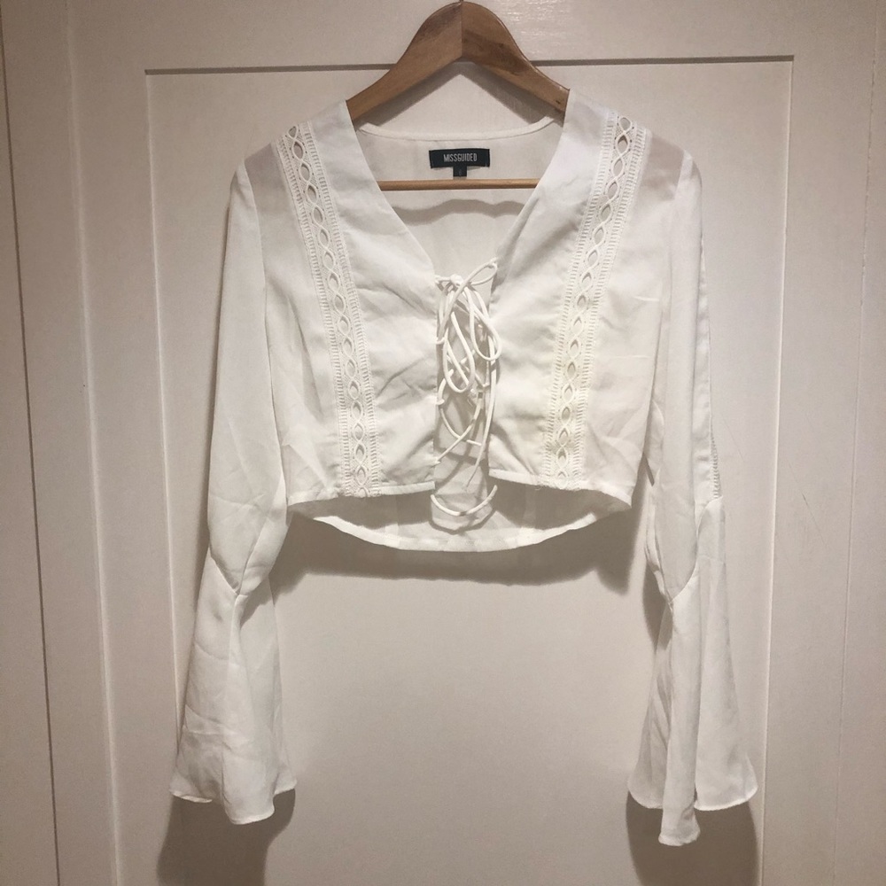 White long sleeve tie front shirt